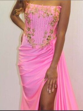 Strapless Pink Prom Gown with Gold Beaded Embellishment